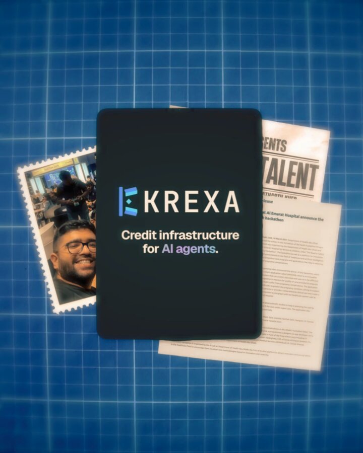 The image features a blue grid background with three different items placed on top of it, including a black book titled "Krexa" or "Credit Infrastructure for AI Agents", a white paper labeled "Entries", and another white paper that says "Talent". The text in the image reads "@krexa_xyz extending credit to AI agents based on what they've proven onchain: 118 agents, 22 MCPs including: @JupiterExchange + @okx Agentic credit rails on @solana".