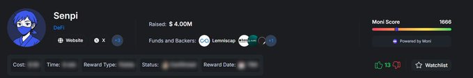 A profile card for "Senpi" (DeFi) shows it raised $4.00M with backers including Lemniscap and Coinbase (via Lemniscap badge), aligning with the post's highlight of the project's $4M raise and Coinbase as an investor for their Hyperliquid trading agent.