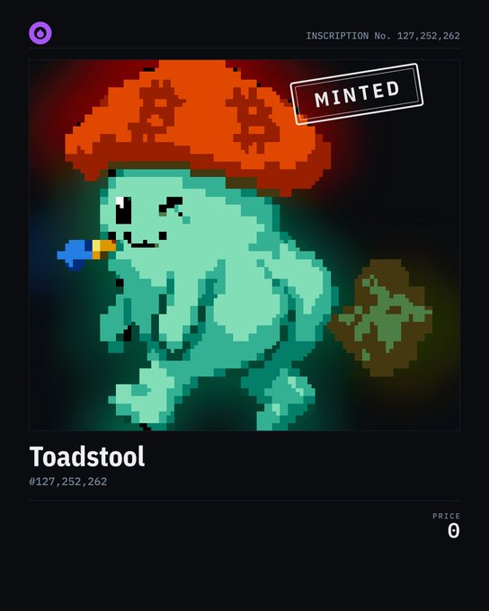 A pixel art NFT called 'Toadstool' (#127,252,262) showing a green toad character wearing an orange Bitcoin-logo mushroom cap, marked as 'MINTED' with a price of 0.