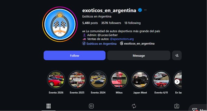 The image shows the Instagram profile of "exoticos_en_argentina," an Argentina-based exotic car community with 5,480 posts, 357K followers, and 13 following, featuring event highlights like "Evento 2026," "Japan Meet," and "Evento 6/11." The caption about attracting them to @solana suggests the community's large following of exotic car enthusiasts could be a valuable target audience for Solana-based projects or promotions.