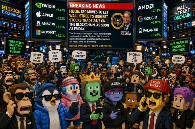 A vibrant cartoon illustration of a Wall Street trading floor filled with NFT characters reacting to breaking news: 'HUGE: SEC MOVES TO LET WALL STREET'S BIGGEST STOCKS TRADE 24/7 ON THE BLOCKCHAIN' with stock tickers for NVDA, AAPL, AMZN, MSFT, AMD, GOOG, and PALANTIR shown.