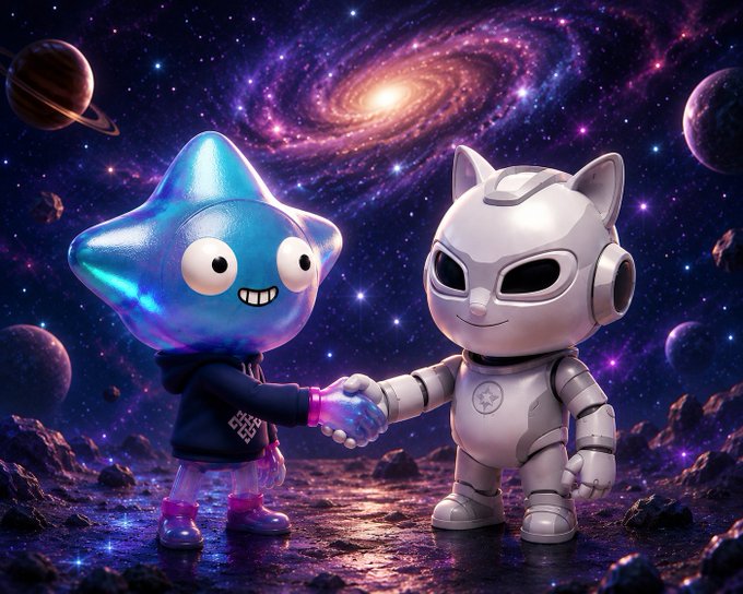 Two cartoon characters—a blue star-shaped figure in a hoodie and a silver robotic cat—shake hands in front of a cosmic space backdrop featuring a glowing spiral galaxy and planets.