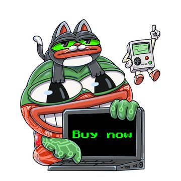 A cartoon Pepe frog wearing a cat hat and backpack holds a laptop displaying "Buy now" in green text, accompanied by a Game Boy character. The playful design fits the contest's sticker category, blending crypto/NFT appeal with retro gaming aesthetics.