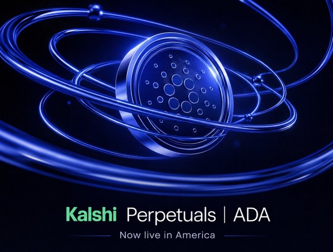 An advertisement for Kalshi Perpetuals | ADA cryptocurrency, featuring a blue metallic sphere surrounded by orbital rings, with the text 'Now live in America.'
