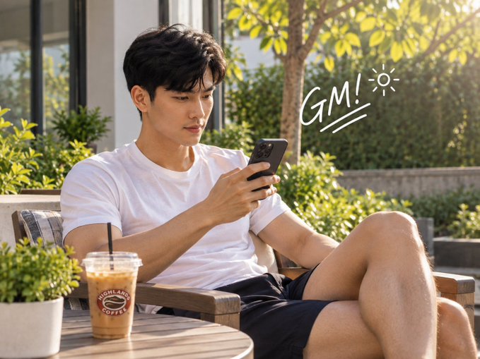 A young man in a white t-shirt and dark shorts sits at an outdoor café table with an iced coffee and potted plant, looking at his phone. The text 'GM! ☀️' appears in the upper right.