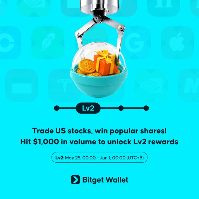 The image features an advertisement for trading US stocks using the Bitet Wallet platform. The main focus of the advertisement is a blue bowl filled with gold coins, which symbolizes the potential gains from investing in stocks. The text in the image encourages people to trade up their tokenized stock rewards and mentions that they can get a 20% boost by sharing their tokens on social media using the provided hashtag.