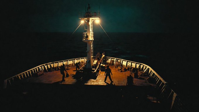 A nighttime photograph of a ship's bow at sea, illuminated by deck lights, with several crew members visible working on the deck as searchlights beam into the dark sky.