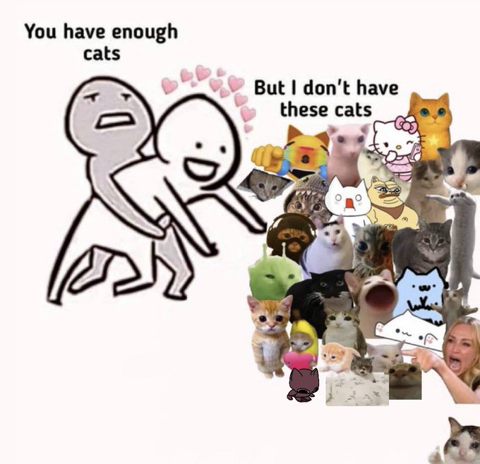 A cartoon figure hugs another labeled "You have enough cats," while a pile of various cat memes and images argues "But I don't have these cats," humorously illustrating the post's message about needing more cat-themed cryptocurrencies.
