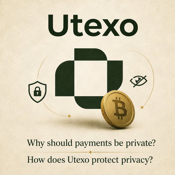 Promotional graphic for Utexo featuring a security shield, privacy eye icon, and Bitcoin coin, with text asking 'Why should payments be private? How does Utexo protect privacy?'