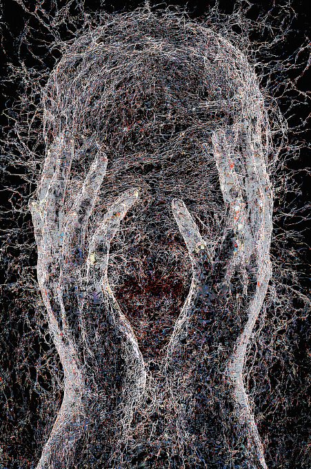 An abstract artwork depicting translucent ghostly hands covering a face made of intricate neural network-like lines and particles on a dark background.