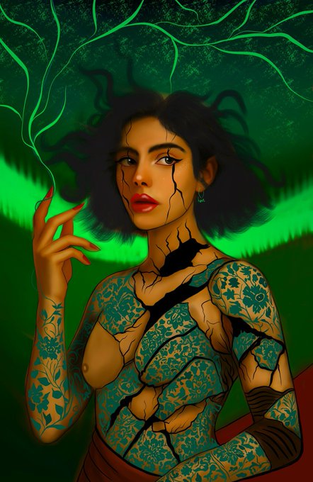 A digital illustration shows a woman with curly hair, red lipstick, and intricate floral patterns on her skin, surrounded by glowing green tendrils.