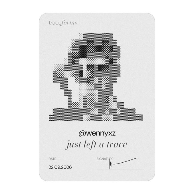 A minimalist digital card from 'traceforms' featuring a pixelated, halftone-style illustration of a figure wearing sunglasses and holding flowers. The card includes the username '@wennyxz,' the text 'just left a trace,' a date of '22.09.2026,' and a signature.