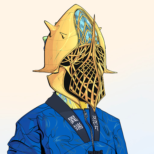 Digital illustration of a figure wearing an ornate golden fish-like helmet with a lattice pattern, dressed in a blue garment with Chinese characters on the collar.