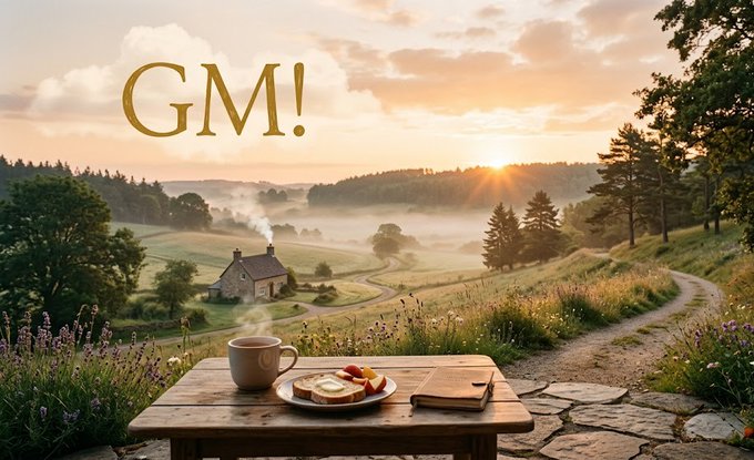A serene sunrise landscape featuring rolling green hills, a cottage, and a wooden table with coffee and toast in the foreground, overlaid with the large text 'GM!'.