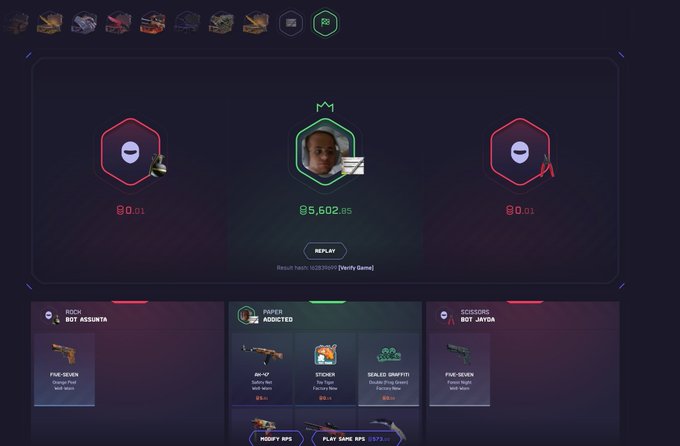 A screenshot of a case opening game result displaying a winning amount of $5,602.85 for a paper item, with various weapon skins and items below from games like CS:GO.
