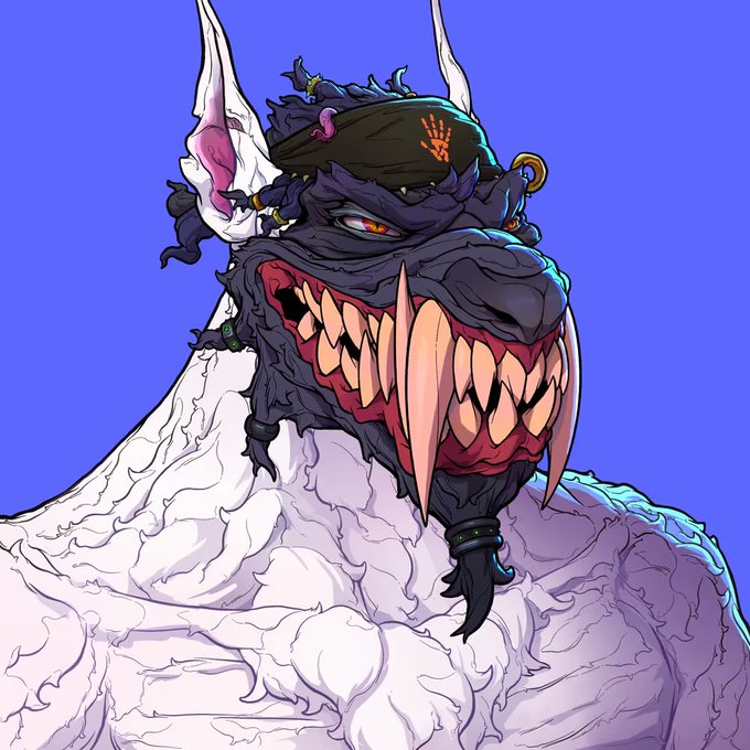 A detailed digital illustration of a snarling, monstrous creature with sharp teeth and tusks, wearing a brown headband marked with an orange handprint, set against a solid blue background.