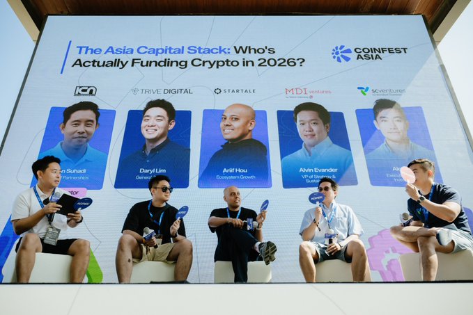 A panel discussion at Coinfest Asia titled 'The Asia Capital Stack: Who's Actually Funding Crypto in 2026?' featuring speakers including Daryl Lim and Arif Hou from Ecosystem Growth.