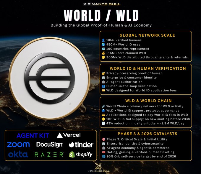 A promotional graphic for Worldcoin (WLD) by "X Finance Bull" highlights the token's role in building a "Global Proof-of-Human & AI Economy," featuring stats like 18M+ verified humans, 450M+ World ID uses, and 900M+ WLD distributed, alongside partner logos (Zoom, Tinder, Okta, Shopify, etc.) and 2026 catalysts including 95% Orb self-service and AI-agent commerce. The image directly reinforces the post's thesis about the growing value of human verification in an AI-saturated internet.