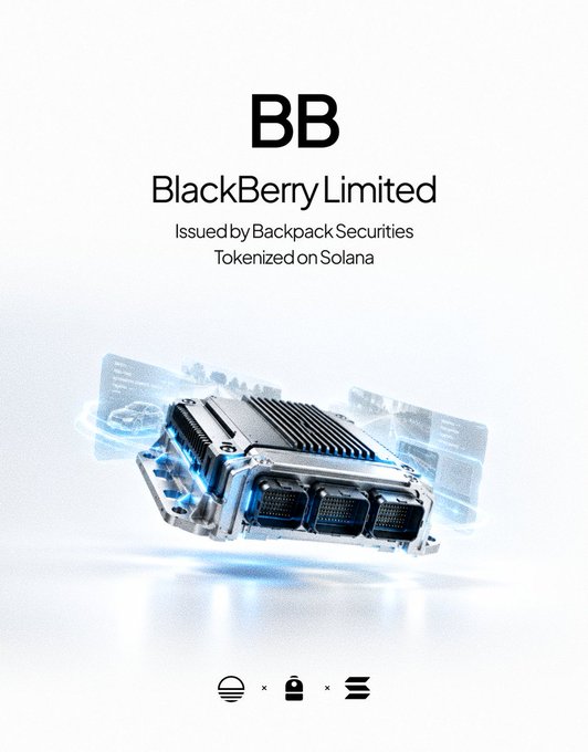 The image shows a promotional graphic for "BB" (BlackBerry Limited) with text indicating it is "Issued by Backpack Securities" and "Tokenized on Solana," featuring a 3D rendering of a futuristic electronic hardware module. The graphic relates to the post by announcing the tokenized listing of BlackBerry ($BB) shares on the Solana blockchain via Backpack Securities and Sunrise.