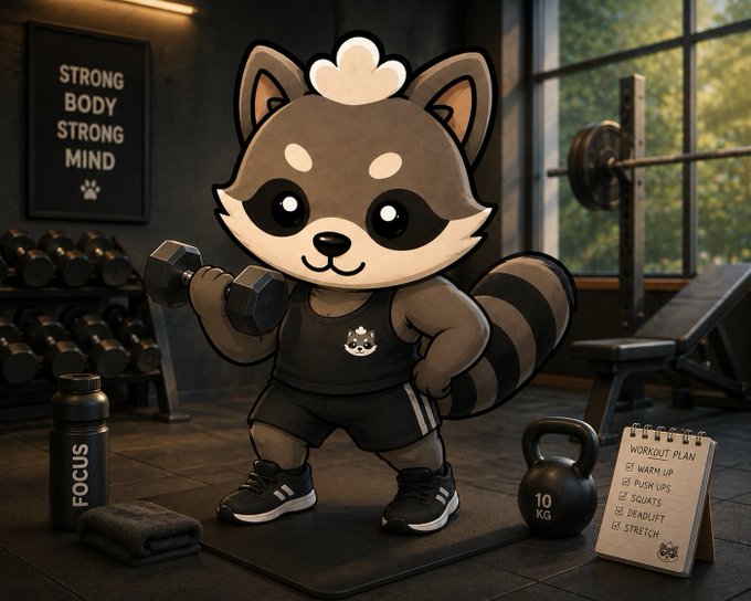 A cute cartoon raccoon character lifts a dumbbell in a gym, wearing athletic gear, with a 'FOCUS' water bottle and workout plan checklist visible.