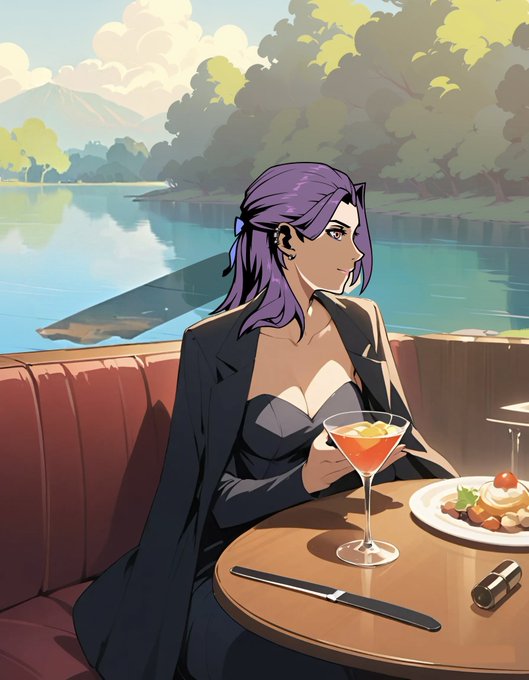 An anime-style illustration of a woman with purple hair tied back, wearing a black blazer and dark top, sitting at a restaurant booth holding a martini glass, with a plate of food, a knife, and a lighter on the table, overlooking a serene lake and forest landscape.