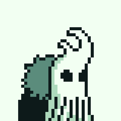 A pixel art style image showing a green-skinned character with a hunched posture and downcast expression, rendered in a limited color palette of green, black, and pale green.