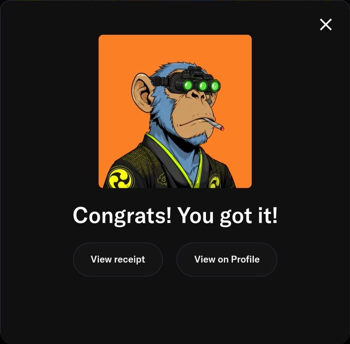 A mobile app screen showing a digital collectible NFT of a smoking blue monkey wearing night vision goggles, with the message "Congrats! You got it!" and buttons to view receipt or profile.