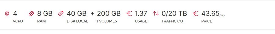 A server specifications display showing 4 vCPU, 8 GB RAM, 40 GB disk local, +200 GB volumes, €1.37 usage, 0/20 TB traffic out, and €43.65/mo price.