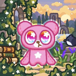 A pink, star-eyed bear-like creature with a star on its belly stands in a lush, floral landscape with ancient ruins and a sunset sky, embodying the playful and cuddly "Chimpanion" NFT character. The whimsical scene reflects the creature's loving, expressive nature as part of the limited Chimpverse collection with lineage to Genesis #6 Tedi.
