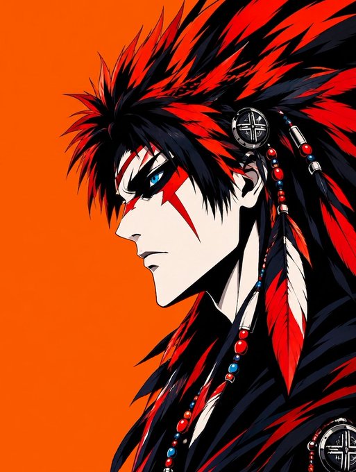 An anime-style illustration features a profile of a character with a red and black feathered headdress and a cross medallion against a solid orange background.