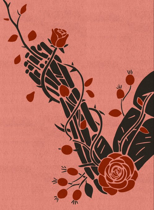 A decorative graphic on a peach background features dark green leaves, stems, and red roses intertwined in an elegant botanical design.