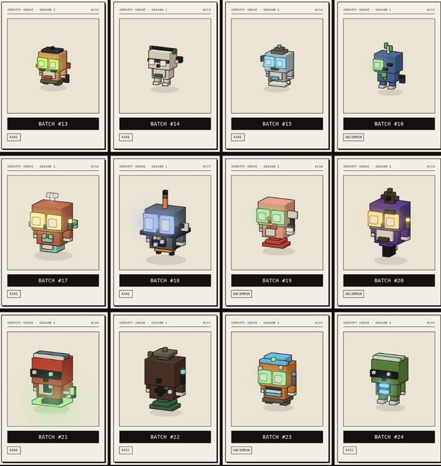 A grid of 12 pixel-art cube character collectibles labeled "Crypto Cruise - Season 1" with batch numbers #13–#24 and rarity tags (Rare, Uncommon, Epic), showcasing various traits like different colors, accessories, and accessories. The collection reflects the artist's work-in-progress "Vibe Vibers" NFT project, featuring agent wallet-equipped characters intended for an upcoming launchpad experience.