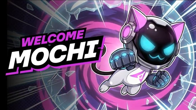 The image displays a "WELCOME MOCHI" graphic featuring a stylized black robotic cat with glowing cyan eyes, purple headphones, and a spacesuit, bursting through shattered glass against a vibrant pink and purple swirling background. The bold welcome banner and dynamic character design visually convey the interactive, gamified learning approach described in the post, where Mochi uses questions and commitment-based engagement to teach about @GenLayer rather than passive reading.