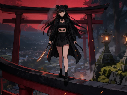 An anime-style illustration of a girl with long black hair and a black outfit standing on a red bridge, holding a sword with a red torii gate and cityscape in the background.