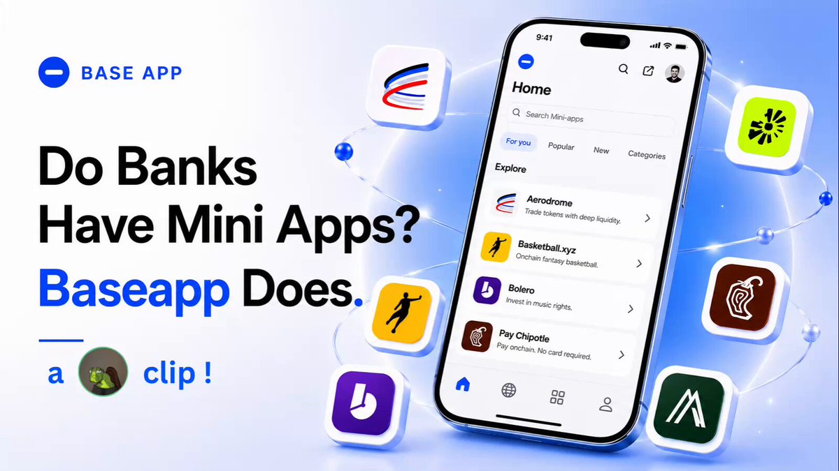 The image features an advertisement for a mobile app called "BaseApp" that promotes its ability to create and manage mini apps, even without banks having them. The app displays various mini apps such as games, social media platforms, and other fun applications on a smartphone screen. The text in the image reads "Do banks have mini apps? No! BaseApp does!".
