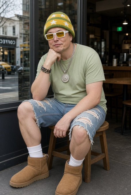 A man sits on a wooden stool outside a coffee shop wearing a yellow and green star-patterned beanie, yellow-tinted sunglasses, a sage green t-shirt, ripped denim shorts, and tan UGG boots.
