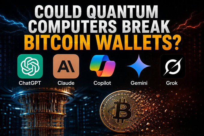 The image features a poster with a black background that says "could Quantum computers break Bitcoin wallets?". Below this statement, there are four different logos representing various cryptocurrency exchanges or wallet services such as ChatGPT, Cludeai, Gemini App, Copilot, and Grok. The text on the poster is in white, making it stand out against the black background.