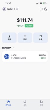A mobile wallet screenshot displays a balance of $111.74 USDC with a recent transaction of $0.05 increase.
