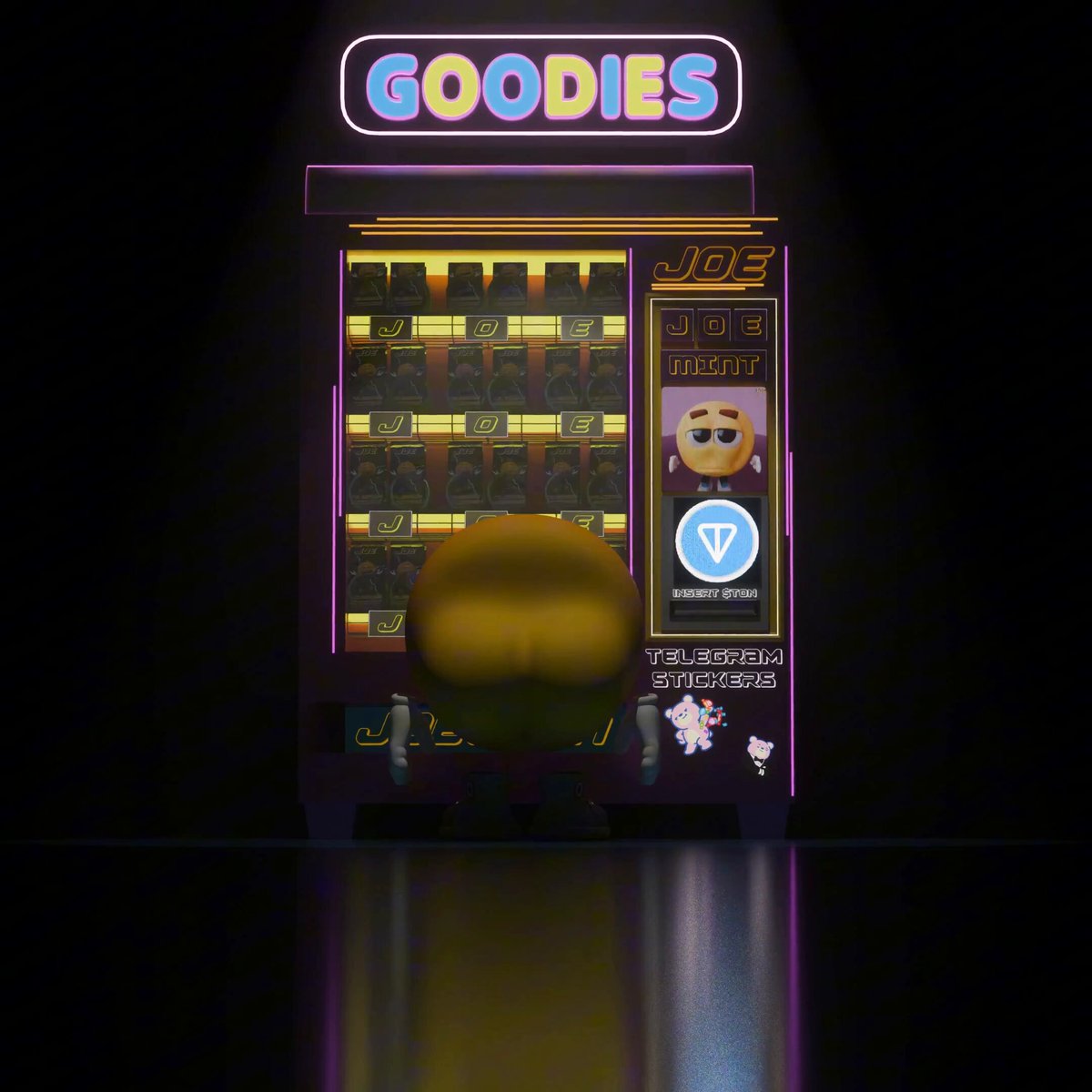A yellow cartoon vending machine with a phone number "12-15" written inside of it that says "TELECOM" next to a little green robot that looks like a person or some other kind of small object. A sign reading "GOODIES".
