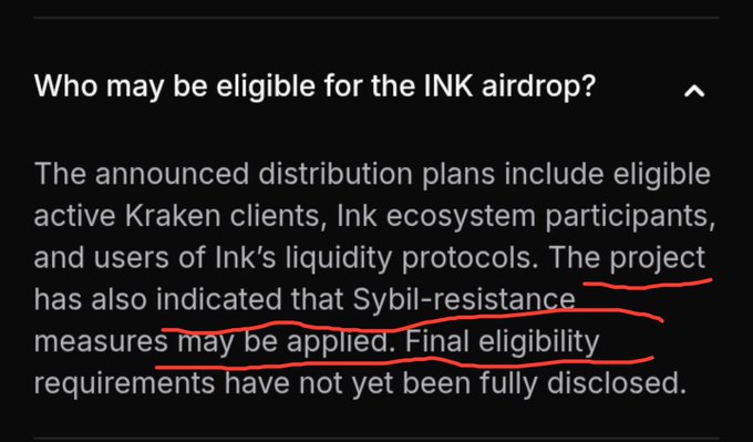 A FAQ section explaining eligibility for the INK airdrop, noting eligible Kraken clients, Ink ecosystem participants, users of Ink's liquidity protocols, and potential Sybil-resistance measures.