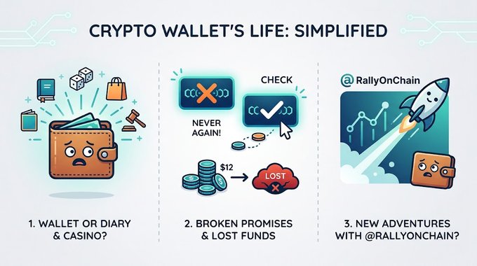 The image is a three-panel infographic titled "CRYPTO WALLET'S LIFE: SIMPLIFIED," featuring cartoon wallets illustrating how a crypto wallet is misused (as a diary and casino), experiences broken promises and lost funds, and finally promotes "NEW ADVENTURES WITH @RALLYONCHAIN" alongside a rocket. It visually complements the post's humorous lament about a wallet being treated as a diary, casino, shopping bag, and witness to poor decisions, ending with a promo for the @RallyOnChain account.
