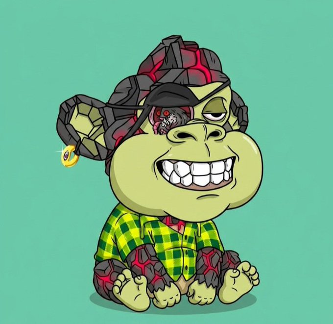 An illustration of a smiling green baby ape with rocky/cracked gray armor on its head and feet, wearing a green plaid shirt, against a teal background.