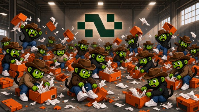 A chaotic warehouse scene shows numerous cartoon monkeys in cowboy hats frantically rummaging through piles of orange boxes and scattered white papers, symbolizing the frenzied rush to find the next big opportunity. In the background, a large green logo is displayed on the wall, while the monkeys' panicked scramble contrasts with the post's message about $NOTHING being a quietly undervalued, fundamentals-backed alternative to speculative launches.
