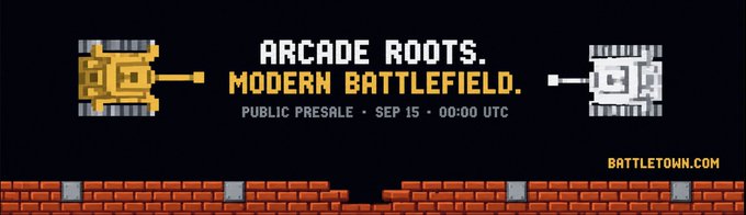 A pixel-art style promotional banner with the text 'ARCADE ROOTS. MODERN BATTLEFIELD.' and 'PUBLIC PRESALE • SEP 15 • 00:00 UTC,' along with the website 'BATTLETOWN.COM.'