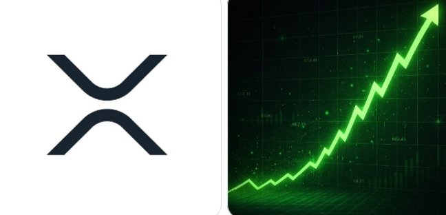 Split image showing the XRP logo on the left and a green upward-trending stock chart with an arrow on the right, set against a dark background.