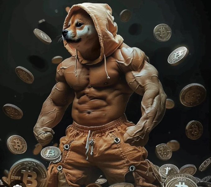 An AI-generated image of a muscular Shiba Inu dog wearing an orange hoodie, surrounded by floating Bitcoin coins.