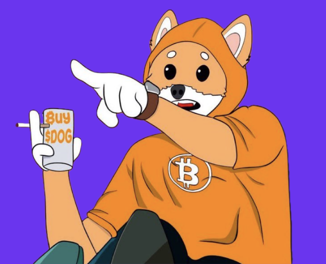 A cartoon illustration of a Shiba Inu dog wearing an orange hoodie featuring a Bitcoin logo, holding a can labeled 'BUY $DOG' and pointing, against a purple background.