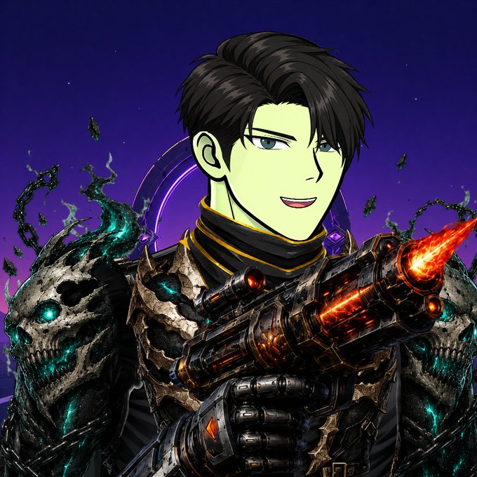 A digital fantasy illustration of a confident young man in dark armor holding a glowing, flame-tipped weapon, with a green-tinged skull and dark magical tendrils behind him against a purple background.