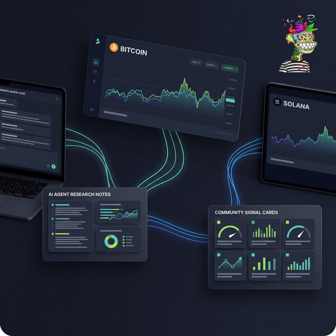 A dark-themed digital dashboard displays cryptocurrency charts for Bitcoin and Solana, alongside sections labeled 'AI Agent Research Notes' and 'Community Signal Cards,' with a small cartoon character featuring colorful hair in the upper right corner.