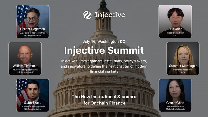 The image features a large white building with an American flag at its peak, which serves as the backdrop for the poster promoting the Injective Summit. The poster displays six faces of people who are likely participating in the summit or have been part of it. These individuals include prominent figures such as William Framingham and Eric Chen. The text on the poster highlights the main theme of the event: tokenization, regulation, financial infrastructure, and the future of capital markets.